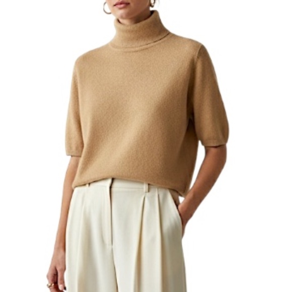 100% cashmere camel tan short sleeve old money cropped turtleneck sweater M - Picture 1 of 14
